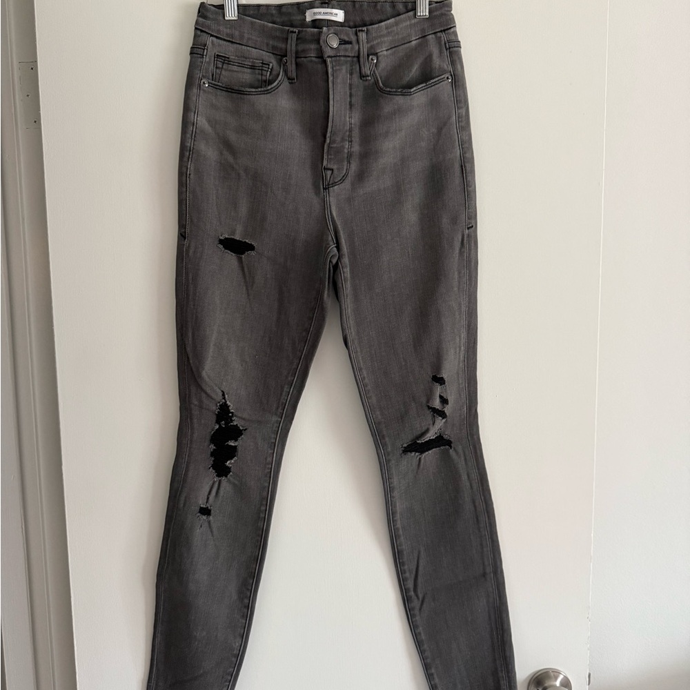 Good American High Rise Distressed Black Jeans